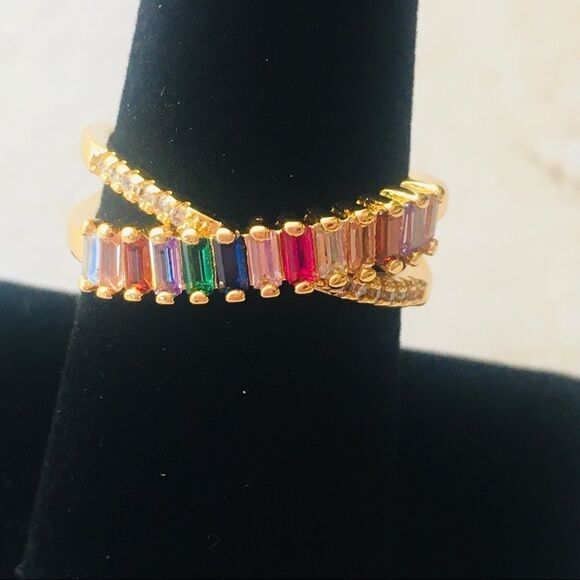 Rainbow Crossover Band Crystal Baguette Eternity Ring NWT - Picture 4 of 6